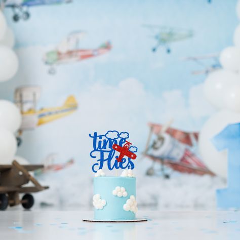 Cake Smash First Birthday session - time flies theme! Decorated with airplane touches and clouds! Cake Smash Airplane Theme, Time Flies Smash Cake, Time Flies Birthday Cake, Vintage Airplane Cake, Time Flies Cake, Time Flies Birthday, Cake Smash First Birthday, First Birthday Photoshoot, Airplane Cake