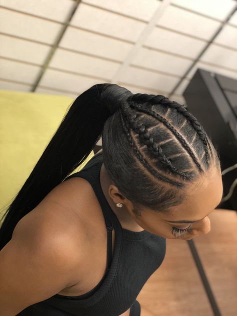 |Braids/Ponytails| #blackhair Dreadlocks Ponytail Hairstyles, Braids Going Into A Ponytail Black, Ponytail With Cornrows, Braided Hairstyles Into Ponytail, Momma Hairstyles, High Ponytail Cornrows, Aesthetic Hair Color, Creative Updos, Braided Ponytail Black Hair