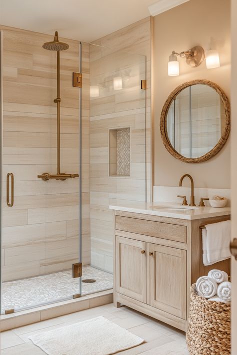 Discover elegant and modern bathroom ideas with this chic design. The space boasts a sleek glass shower, rustic wood vanity, and warm lighting. Perfect for a contemporary yet cozy vibe. #ModernBathroomIdeas #HomeDecor #BathroomDesign Rustic Wood Vanity, Bathroom Cream, Sukkah Decorations, Elegant Modern Bathroom, Small Half Bathrooms, Modern Zen Bathroom, Warm Bathroom, Modern Bathroom Ideas, Modern Luxury Bathroom