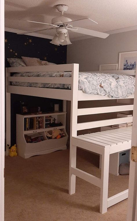 Loft Beds For Big Rooms, Multiple Loft Beds In One Room, Raised Full Size Bed, Kids Size Beds, Loft Full Size Bed, Full Size Bed In Small Room Kids, Full Bed Loft Ideas, Full Size Loft Bed Ideas, Loft Bed Ideas Full Size