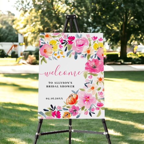 Bohemian bold floral watercolor bridal welcome foam board Bridal Shower Painting Ideas, Floral Party Theme, Floral Party Decorations, Garden Party Theme, Pink Orange Yellow, Floral Party, Brush Font, Wedding Welcome Signs, Eucalyptus Leaves