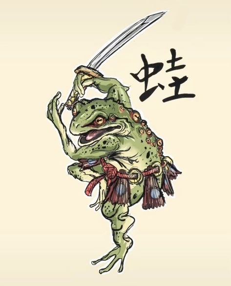 Samurai frog Tattoo Japanese Style, Yang Tattoo, Frog Illustration, Japan Tattoo Design, Frog Tattoos, Samurai Artwork, Japanese Drawings, Bff Tattoos, Traditional Japanese Tattoos