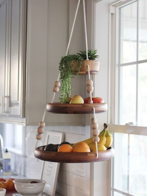 If I'm being honest, this is one of my favorite DIY projects I've ever done! I had the idea in my head for a while before executing it because I wanted to find the perfect wood bowls. Target came to t Home Staging Cuisine, Fruit Baskets Diy, Hanging Fruit Basket, Farmhouse Baskets, Diy Hanging Planter, Hanging Fruit Baskets, Diy Hanging Shelves, Fruit And Vegetable Storage, Vegetable Storage