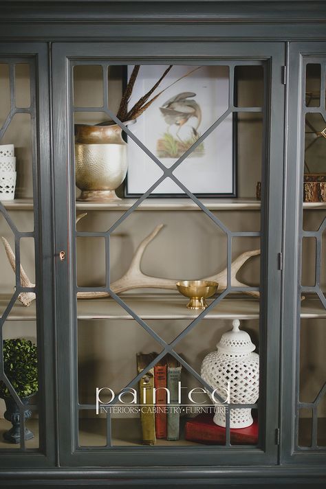 Antique china cabinet painted in Annie Sloan Graphite and French Linen China Cabinet Painted, Antique China Cabinet, Annie Sloan Graphite, China Cabinet Makeover, Annie Sloan Painted Furniture, Painted China Cabinets, Antique China Cabinets, Dining Furniture Makeover, Redo Cabinets