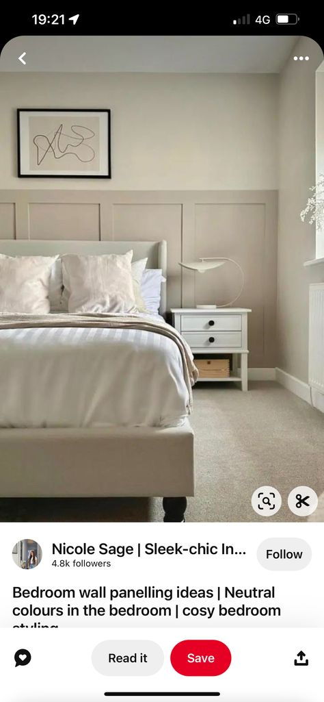 Neutral Bedroom With Feature Wall, Behind The Bed Panelling, Panelled Walls Bedroom Beige, Cream Wall Panelling Bedroom, Brown Panelling Bedroom, Panelled Feature Wall Bedroom, Cream Panelling Bedroom, Beige Panelling Bedroom, Taupe Panelling