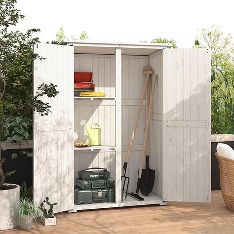 Amazon.com : AECOJOY Outdoor Storage Shed with Waterproof Roof, Wooden Storage Cabinet Large Outdoor Shed Tool Shed with 2 Removable Shelves&Double Lockable Doors, Grey&White : Patio, Lawn & Garden Small Patio Storage, Garden Cabinet Outdoor, Outdoor Cabinets Waterproof, Outdoor Pool Storage, Small Shed Ideas, Patio Storage Cabinet, Wheelbarrow Storage, Small Outdoor Storage, Outdoor Storage Ideas