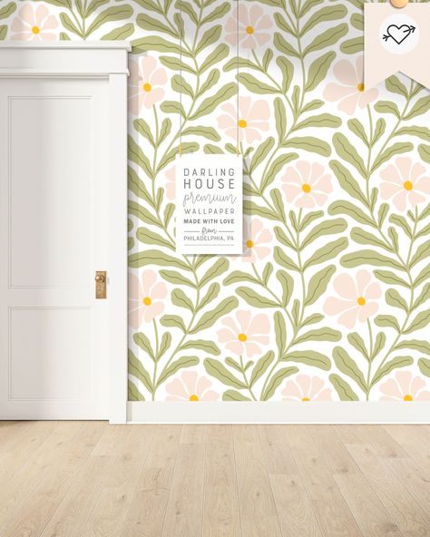 Flower Wall Murals Painted, Daisy Bedroom Ideas, Flower Mural Wall Paintings, Pink And Green Floral Wallpaper, Simple Wall Mural, Easy Mural, Pink Daisy Wallpaper, Playful Wallpaper, Foyer Mudroom