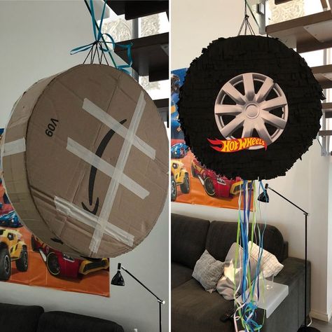 Wheel Pinata, Tire Pinata, Hot Wheels Themed Birthday Party, Monster Jam Birthday Party, Auto Party, Pinata Diy, Monster Jam Birthday, Hotwheels Birthday Party, Cars Birthday Party Decorations