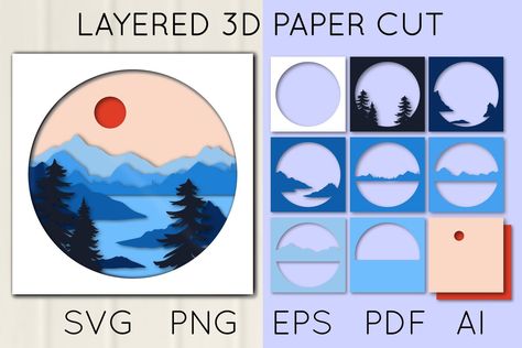 3d Paper Cut Art Templates Free Printable, Layered Paper Art Templates Free Printable, 3d Layered Paper Art Template, Layered 3d Papercut, Mountain Paper Craft, Cut Out Art Templates, 3d Paper Art Templates Free Printable, Layered Paper Art Diy, Paper Cutout Design