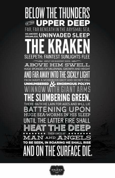 'Kraken' by Lord Alfred Tennyson Kraken Rum, Type Collage, Lord Tennyson, Alfred Lord Tennyson, The Kraken, Type Treatments, Ghost Ship, Pirate Life, Sea Food