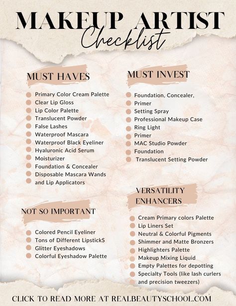 Makeup Artist Kit Checklist: MUA kit essentials - Real Beauty School Makeup Artist Policies, Mua Portfolio Ideas, Makeup Artist Needs, Self Makeup Course, Content Ideas For Makeup Artist, Makeup Artist Content Ideas, Mua Essentials, Makeup Teaching, Makeup Artist Room