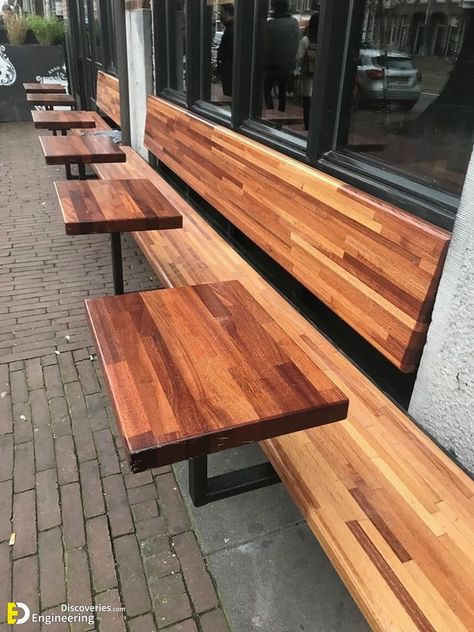 Restaurant Bench Seating, Coffee Seating Area, Outdoor Seating Cafe, Cooking Classes Design, Bench Design Ideas, Cafe Bench, Kursi Outdoor, Outdoor Restaurant Patio, Outside Benches