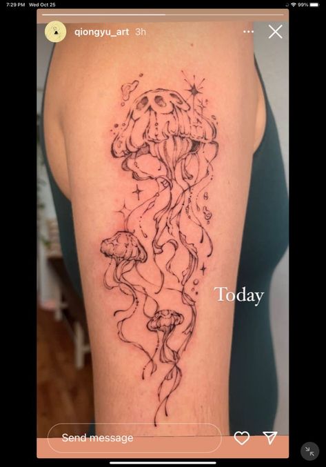 not-given #tattoo #art #jellyfish #tattooed Jellyfish And Koi Fish Tattoo, Jellyfish Tattoo Forearm, Jellyfish Tattoo Meaning, Jellyfish Shoulder Tattoo, Jellyfish Spine Tattoo, Jellyfish Tattoo Thigh, Floral Jellyfish Tattoo, Fish Sleeve Tattoo, Aquatic Tattoos