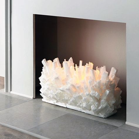 Selenite Fireplace Sculpture | gypsum, Moroccan selentine  Fantastic, but $4900 is out of budget Fireplace Filler, Artificial Fireplace, Tiled Floor, Displaying Crystals, Fireplace Logs, Glass Fireplace, Selenite Crystal, Crystals In The Home, Crystal Decor