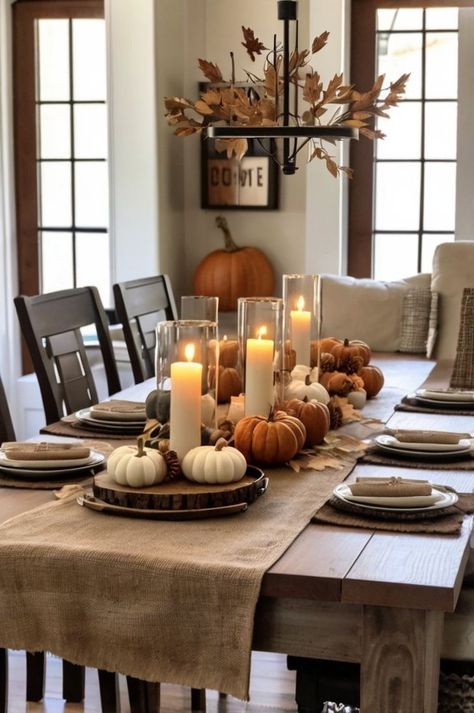 Pumpkin Patch Porch Ideas, Simple Fall Decor Dining Table, Fall Decor Dinner Table, Thanksgiving Table For Two, Thanksgiving Inspo Decor, Cozy Fall Apartment Aesthetic, Halloween Decorations Dining Room, Cozy Fall Decor Aesthetic, Fall Dining Room Decor Ideas