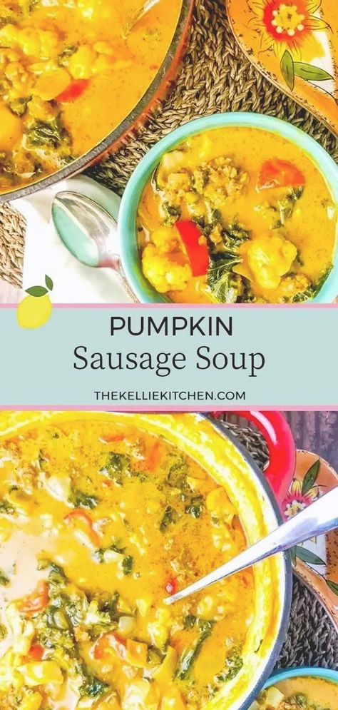 Keto Pumpkin Sausage Soup, Low Carb Fall Soups, Pumpkin Kale Soup, Pumpkin Sausage Soup, Spicy Pumpkin Soup, Pumpkin Bisque, Pumpkin Sausage, Pumpkin Recipes Dinner, Sausage And Kale Soup