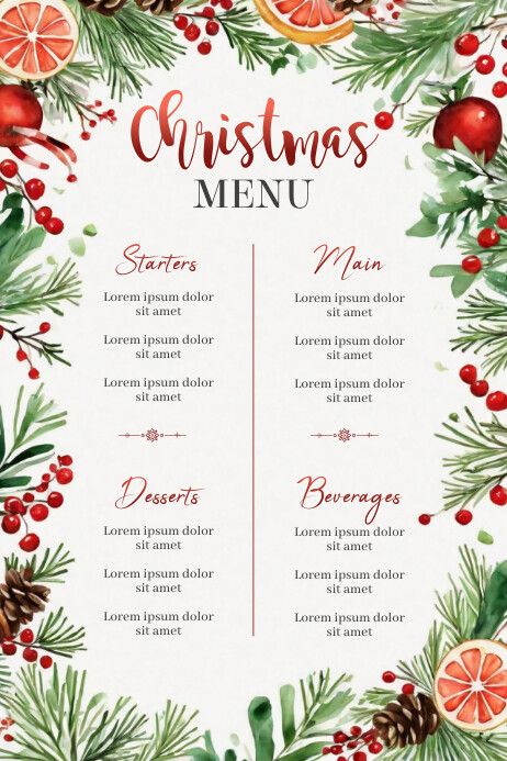 Christmas Menu Mockup Template Download Christmas Lunch Menu Ideas, Christmas Food Poster, Dinner Menu Template Free Printable, Xmas Menu Ideas, Winter Menu Ideas, Christmas Menu Card, Christmas Food Menu Design, Christmas Menu Design Ideas, Christmas Menu Card Design