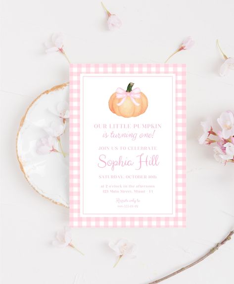 Pink Gingham Pumpkin First Birthday Invitation, Our Little Pumpkin Birthday, Fall Girl 1st Birthday Decor, Pink Bow, Editable Invite, FGB - Etsy Pumpkin Patch 1st Birthday Girl, First Birthday November Girl, October 1st Birthday Girl, Fall First Birthday Girl, Pumpkin First Birthday Girl, Birthday Decor Pink, Fall First Birthday, Fall 1st Birthdays, 1st Birthday Decor