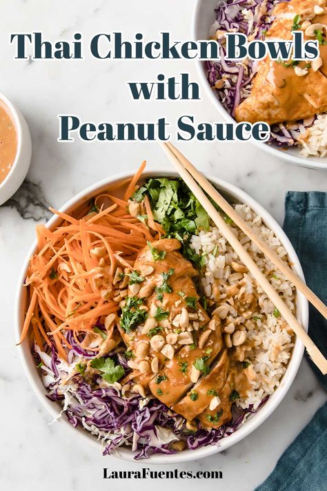 Healthy Office Lunch Ideas, Office Lunch Ideas, Healthy Office Lunch, Chicken Bowls Healthy, Homemade Peanut Sauce, Healthy Office, Chicken Bowl Recipe, Healthy Asian, Thai Peanut Chicken