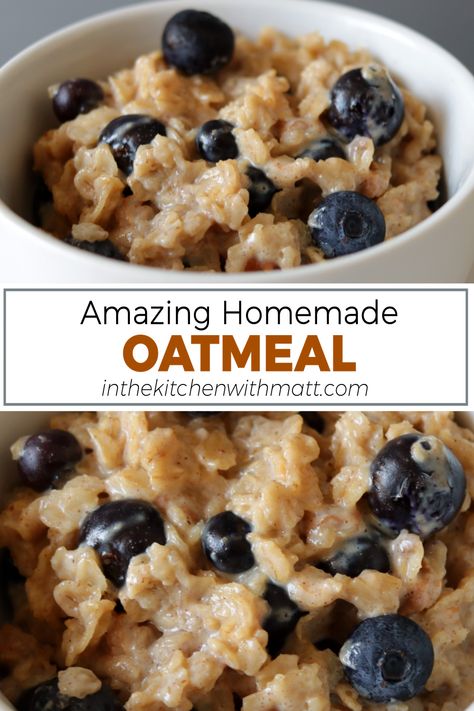 Bowl of homemade oatmeal with blueberries. Instant Oatmeal Recipes, Making Oatmeal, Stovetop Oatmeal, Oatmeal How To Make, Make Oatmeal, Easy Breakfast Smoothies, Love Bakes Good Cakes, Old Fashioned Oatmeal, Good Cakes