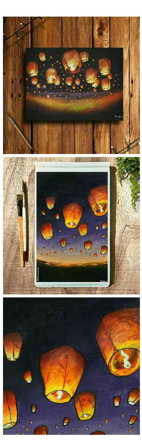 Diwali Theme Painting Canvas, Flying Lantern Painting, Lantern Canvas Painting, Lantern Painting Easy, Sky Lantern Painting, Sky Lanterns Painting, Floating Lantern Painting, Lantern Festival Painting, Sky Lantern Drawing