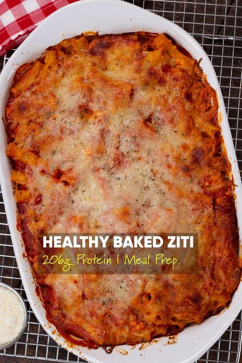 Baked Ziti Meal Prep, Healthy Baked Ziti Clean Eating, Macro Friendly Baked Ziti, Low Calorie Baked Ziti, High Protein Pasta Cottage Cheese, Pasta Bake Cottage Cheese, Protein Baked Ziti, High Protein Lasagna Recipe, High Protein Baked Spaghetti