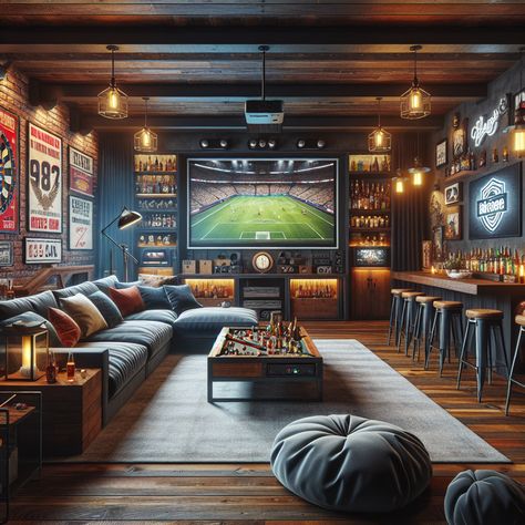 Discover the ultimate man cave, blending rustic charm and modern cool. Experience the plush sectional, pool table, a fully stocked bar, popcorn machine, and a projector for gaming and movies. Decor features include neon signs, sports memorabilia, and a fireplace. #Mancave #HomeDesign #InteriorDesign #GamingRoom #HomeBar #EntertainmentRoom Mancave Layout Ideas, Man Cave Pool House, Sports Entertainment Room, Media/game Room, Unique Game Room Ideas, Man Cave Basement Sports, Modern Man Cave Design, Sports Bar Man Cave, Modern Farmhouse Game Room