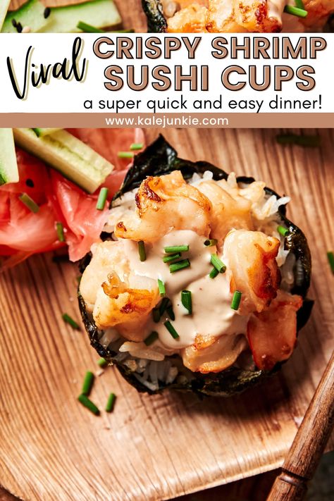 These Viral Crispy Shrimp Sushi Cups are incredibly easy to make and absolutely delicious! This recipe is the perfect meal to prepare on those busy weeknights when you simply don’t have time for an elaborate dinner. No need to compromise flavor for ease, however, because these sushi cups are divine! Try them today! Crispy Shrimp Sushi Cups, Sushi Cups Shrimp, Shrimp Seaweed Cups, Shrimp Sushi Bake Cups, Crab Rangoon Crispy Rice Sushi Cups, Shrimp Sushi Cups, Crispy Shrimp Sushi, Shrimp Sushi Bake, Sushi Cups Recipe