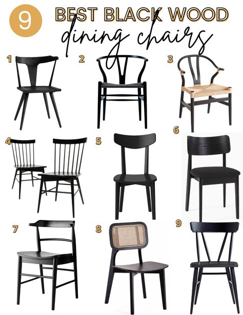 Looking for the perfect black dining chairs? These wood chairs are chic, easy to clean and range in price from $80 and up. Check them out! Black Kitchen Chairs, Black Wood Dining Table, Black Dining Room Table, Black Kitchen Table, Black Dining Room Chairs, Dining Room Table Chairs, Farmhouse Chairs, Modern Farmhouse Dining, Black Dining