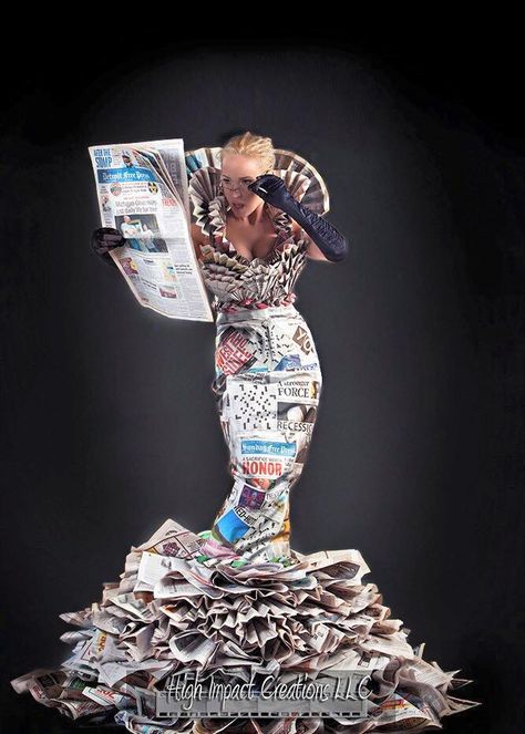 Newspaper Dress   #art #fashion #newspaperdress #dress #newspaper #DetroitFreePress #artfashion #paper #dress #news  Photographer: Jason Mielke Newspaper Dress Fashion, News Paper Dress, Junk Kouture, Fashion Design Inspiration Board, Newspaper Fashion, Newspaper Dress, Recycled Dress, Dress Art, Newspaper Design