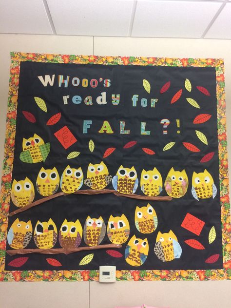 Whooo's Ready for Fall?! Board ... Celery Stamped Owls with scrapbook paper wings; the branch is rolled up, crumpled brown paper. I made the fall leaves too. by Moni Bee Fall Owl Bulletin Board Ideas, Owl Bulletin Board Ideas Preschool, Fall Prek Bulletin Boards, Fall Bulletin Boards For Work, Owl Bulletin Board Ideas, Fall Prek, Owl Bulletin Boards, Daycare Bulletin Boards, November Preschool