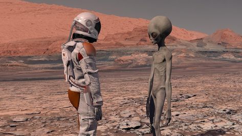 Astronaut meets a martian on mars first ... | Premium Photo #Freepik #photo #space-station #spaceship #astronaut-3d #fiction Mars Alien, Mission To Mars, Ufo Sighting, First Contact, The Martian, Premium Photo, Aliens, Spaceship, Nasa