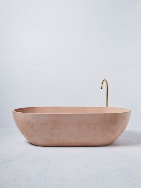 Concrete Bathtub, Concrete Bath, Pink Baths, Standing Bath, Bathroom Inspo, Polished Concrete, Free Standing Bath, Industrial Chic, White Wall