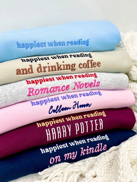 The Make It Yours™ 'Happiest When Reading...' Crewneck Sweatshirt, the perfect way to show off your love of books and reading with a cozy and stylish top. This versatile and comfortable piece is perfect for any casual occasion, whether you're lounging at home, running errands, or hitting the bookstore. Be Creative and Make it Yours™ Bookish Outfits, Book Sweatshirts, Bookish Sweatshirts, Dress With Turtleneck, Most Read Books, United Monograms, Book Merch, Lilly Inspired, Long Sleeve Baseball Tee