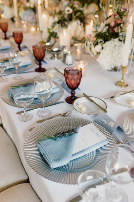 Colored Goblets Wedding, Geneva Photography, Blue Water Goblets, Blue Goblets, Wedding Goblets, Design Color Palette, Blue Green Wedding, Clear Glass Plates, Purple Water