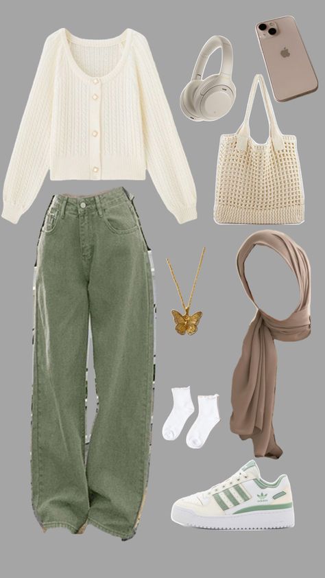 Perfect for the hijabis as well 🧕💕 Green Outfit Aesthetic Casual, Casual Cream Outfits, Light Green And Brown Outfit, Earthly Tones Outfit, Light Green Jeans Outfit, Green Cream Outfit, Beige And Green Outfit, Green And Cream Outfit, Green Outfit Hijab