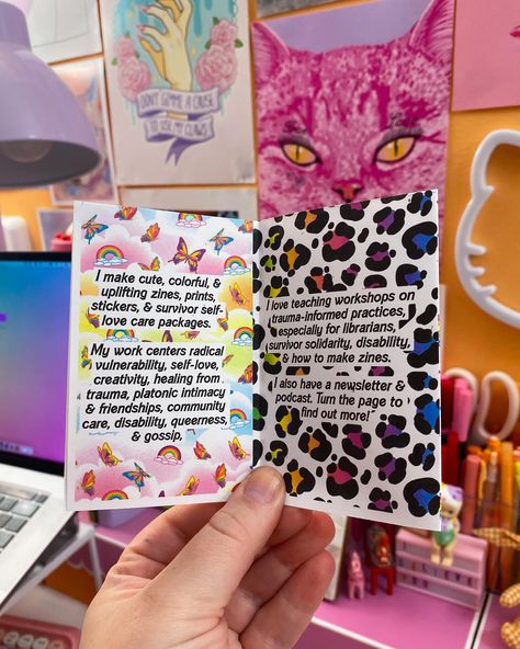 i made these cute lil mini zines about who i am & what i do & where to find my work to hand out at an artists networking event ✨🌈 if you want to commission something like this from me, lmk 😘 what do you think? 🥰 #colorful #rainbow #artistsofinstagram #artistsoninstagram #ithacany #disabledartist #queerartist #cute #zines #minizine Mini Zine, Networking Event, Thinking Of You, Rainbow, Paper Crafts, Color, Instagram