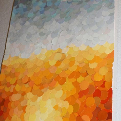 15 Surprisingly Cool Projects Made with Paint Samples | Family Handyman | The Family Handyman Art Using Paint Swatches, Paint Swatch Wall Art, Paint Color Samples Diy Wall Art, Paint Sample Wall Art, Crafts With Paint Samples, Art With Squares, What To Do With Paper Scraps, Paint Sample Wall, Paint Sample Calendar