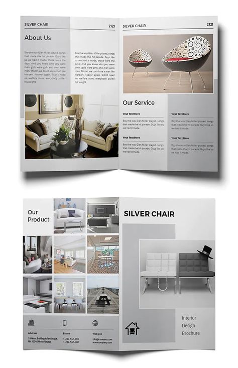 Interior Design Bi-fold Brochure Template INDD. Download 5 Fold Brochure Design, Interior Designer Brochure, Interior Brochure Design, Interior Design Magazine Layout, Bi Fold Brochure Design, Interior Design Brochure, Interior Brochures, Graphic Design Portfolio Cover, Yearbook Layouts