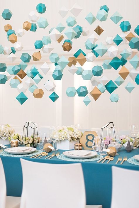 Mid-Century Geometric Wedding Theme Geometric Wedding Decor, Diy Wedding Table, Geometric Wedding, Geometric Decor, Event Inspiration, Paper Lanterns, Blue And Gold, Wedding Themes, Wedding Trends