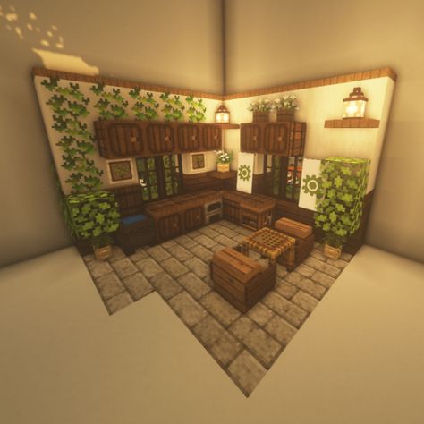 Boho Minecraft Room, Interior For Minecraft House, Minecraft Fletcher House Interior, Cool Minecraft Interior, Minecraft Interior Ideas Storage, Minecraft House Interior Design, Minecraft Canopy Bed Ideas, Minecraft Kitchen Aesthetic, Minecraft Loom Building