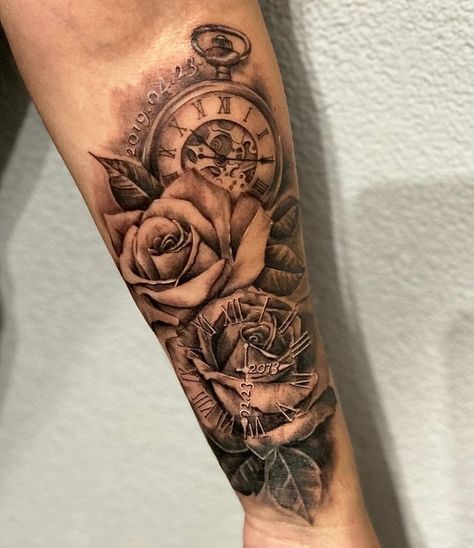 Clock Tattoos For Women Half Sleeves, Feminine Half Sleeve Tattoo, Rose And Clock Tattoo, Lion And Rose Tattoo, Clock And Rose Tattoo, Rose Tattoo Meaning, Rose Clock, Money Rose, Rose Tattoo Sleeve