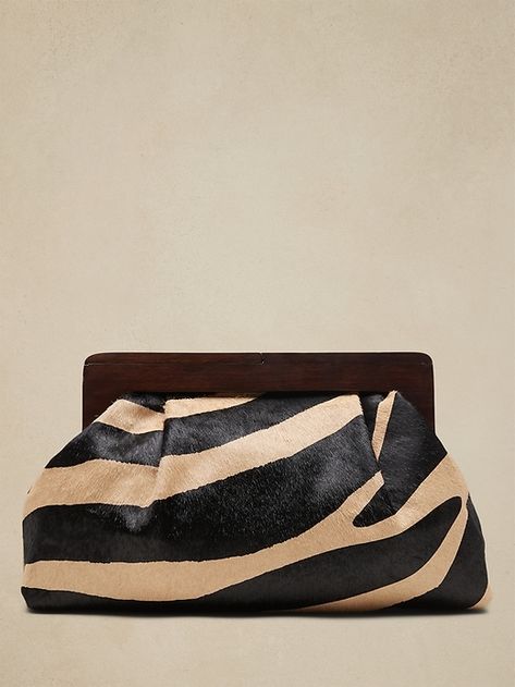 Large Haircalf Clutch | Banana Republic Banana Republic, Zebra Print, Ladies Brunch, Hinged Frame, Handbag Heaven, Pretty Bags, Leather Clutch Bags, The Bag, Wooden Handles