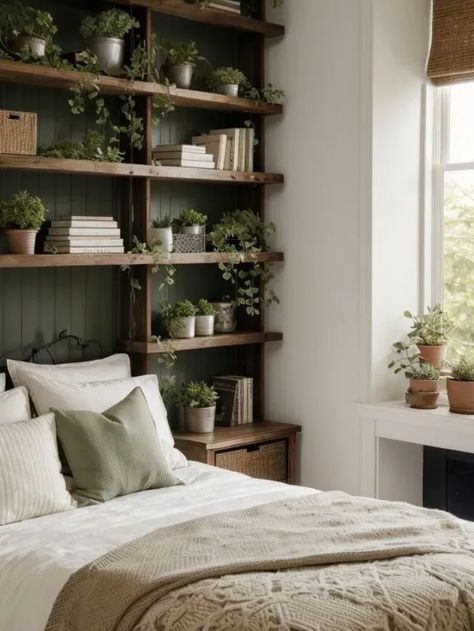 Biophilic Interior Design Hanging Shelves Over Bed, Floating Shelves Green Wall, Naturalistic Bedroom Ideas, Bookcase Floating Shelves, Green Wood Bedroom Aesthetic, Cozy Book Aesthetic Bedroom, Botanical House Decor, Book Shelf Wall Ideas Bedroom, Tall Bookshelves In Bedroom