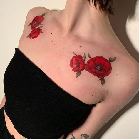 Had a great time making these red poppies. Thank you @raylynnnn Poppy Collar Bone Tattoo, Colar Bone Tattoo Poppy, Poppy Chest Tattoo, Poppy Flower Shoulder Tattoo, Red Poppy Tattoo Design, Red Poppy Flower Tattoo, Red Poppy Tattoo, Red Poppy Watercolor Tattoo, Flower Neck Tattoo