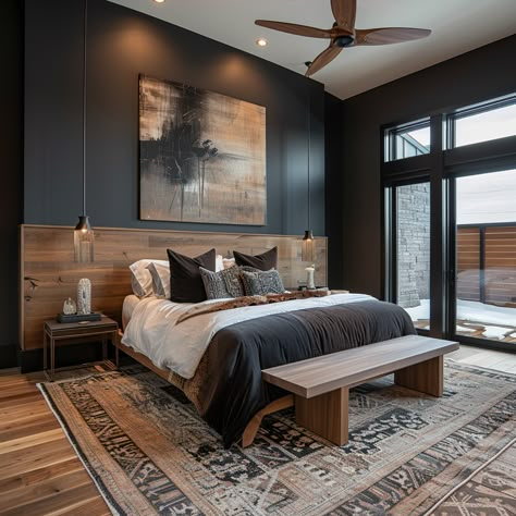 Mens Home Design, Rustic Luxe Decor Master Bedrooms, Wood Wall Master Bed, Grey And Caramel Bedroom, Black And Natural Wood Decor Bedroom, Rustic Male Bedroom, Grey Black And Wood Bedroom, Bedroom Backsplash Wall Ideas, Modern Chalet Bedroom