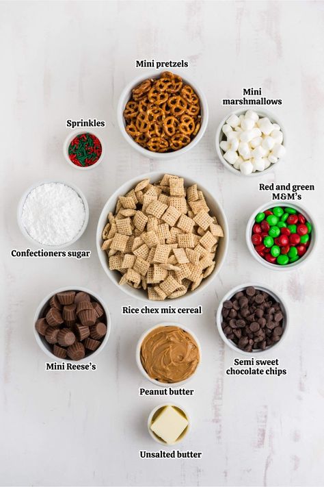 Christmas Puppy Chow ingredients. Holiday Puppy Chow, Christmas Puppy Chow, Puppy Chow Ingredients, Puppy Chow Christmas, Puppy Chow Chex Mix Recipe, Chex Mix Puppy Chow, Chocolate Chex, Thanksgiving 2023, Puppy Chow Recipes