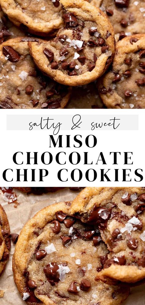 Miso chocolate chip cookies are sweet and salty chocolate chip cookies with a special ingredient: miso! This recipe takes your classic chocolate chip cookie recipe to the next level with rich brown butter, miso flavor, and two different kinds of chocolate for the best dessert ever! Brown Butter Miso Chocolate Chip Cookies, Phish Food Cookies, White Chocolate Miso Cookies, Vegan Miso Cookies, Miso Cookie Recipe, Miso Dessert Recipes, Mini Chocolate Chip Recipes, Cookie Drops, Miso Chocolate Chip Cookies