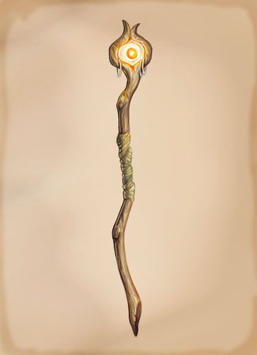 Wooden Staff Magic, Staff Rpg, Fantasy Staff Wood, Dnd Magic Staff, Magic Staff Concept Art, Staff Concept Art, Sorcerer Staff, Nature Staff, Fantasy Staff