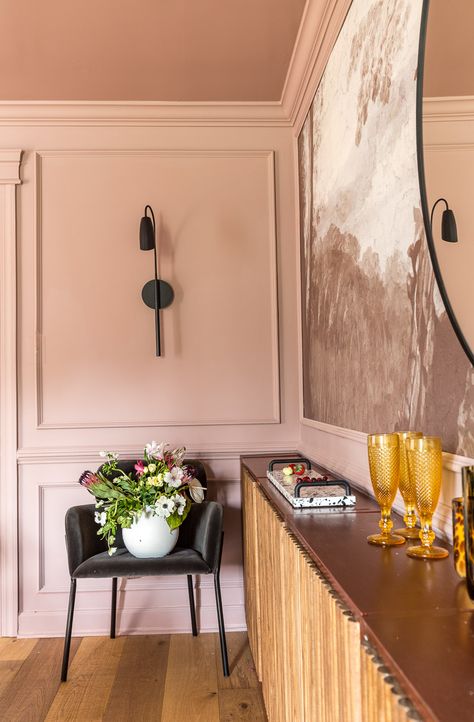 glamorous dining room (1 of 1)-38 Sulking Room Pink Dining Room, Repainting Furniture Ideas, Farrow And Ball Pinks, Sulking Room Pink Farrow And Ball, Chandelier Mural, Farrow And Ball Sulking Room, Farrow And Ball Pink, Glamorous Dining Room, Jeweled Interiors